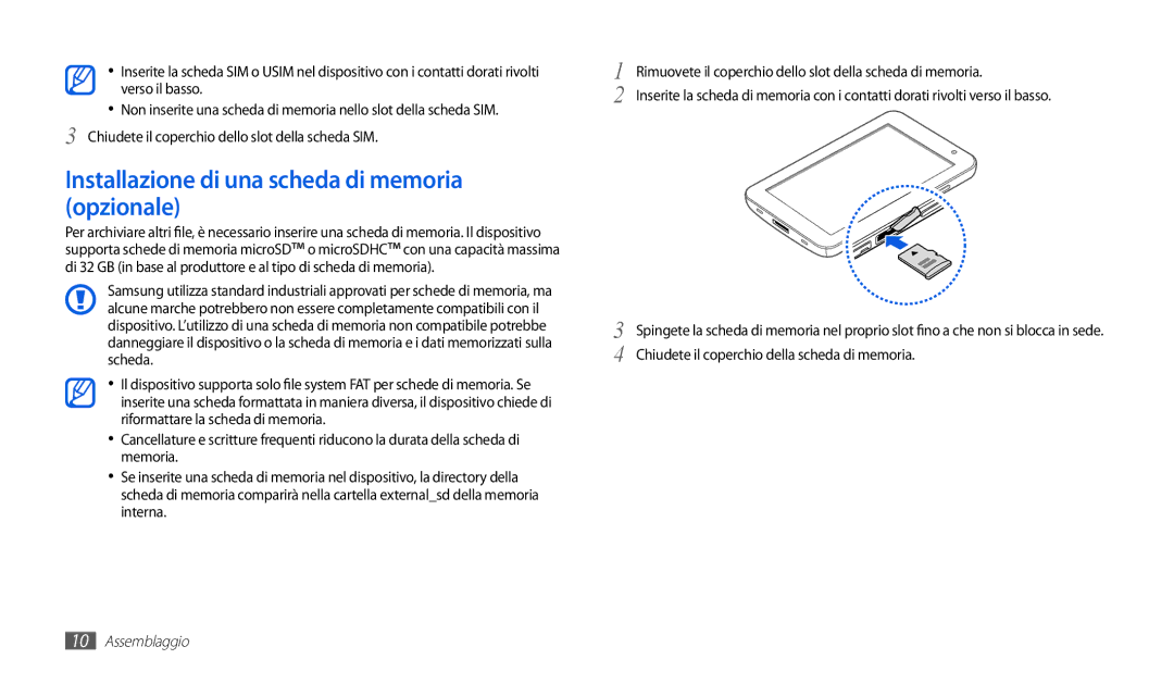 Samsung GT-P1000CWAITV, GT-P1000MSATIM, GT-P1000CWAFWB, GT-P1000CWDFWB manual Installazione di una scheda di memoria opzionale 