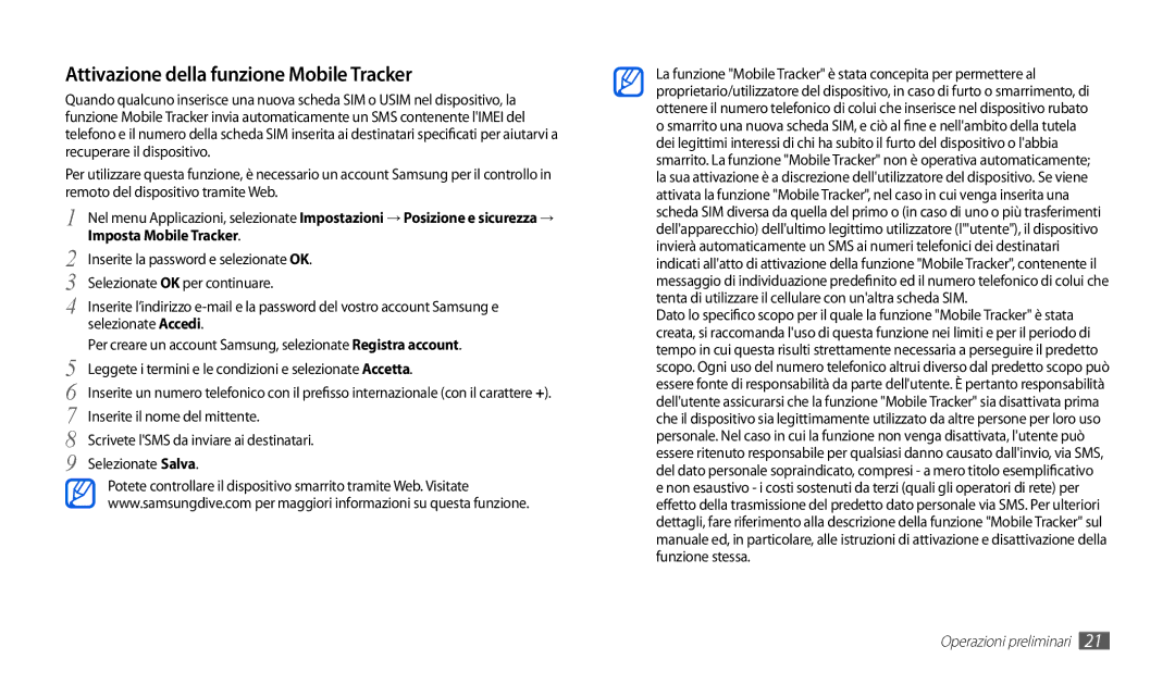 Samsung GT-P1000CWAOMN, GT-P1000MSATIM, GT-P1000CWAFWB, GT-P1000CWDFWB manual Attivazione della funzione Mobile Tracker 