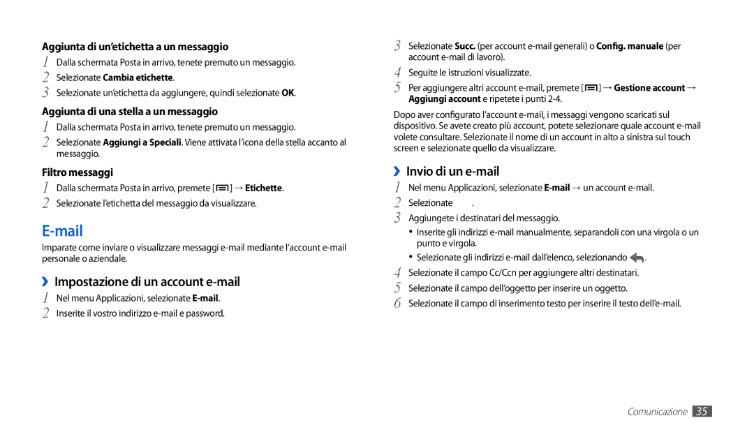 Samsung GT-P1000CWDOMN manual Mail, ››Impostazione di un account e-mail, ››Invio di un e-mail, Selezionate Cambia etichette 