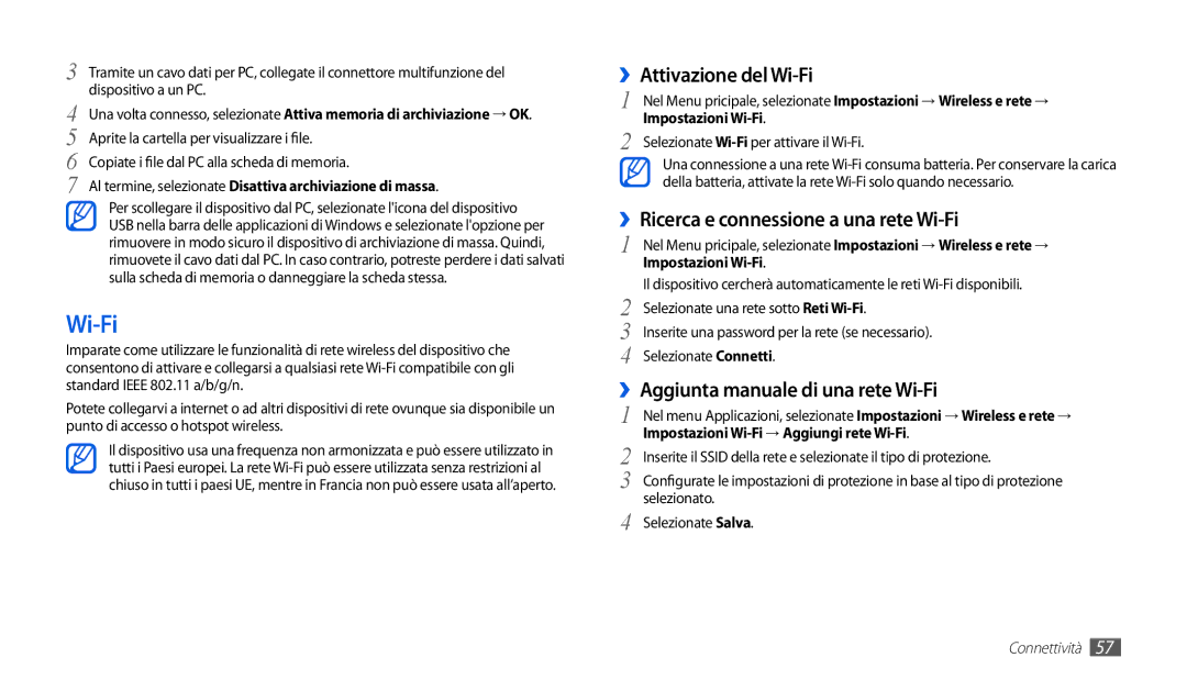 Samsung GT-P1000CWAWIN, GT-P1000MSATIM manual ››Attivazione del Wi-Fi, ››Ricerca e connessione a una rete Wi-Fi 