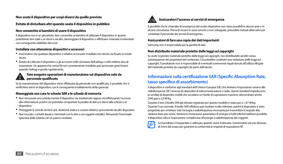Samsung GT-P1000CWASMO Installate con attenzione dispositivi e accessori, Assicuratevi laccesso ai servizi di emergenza 