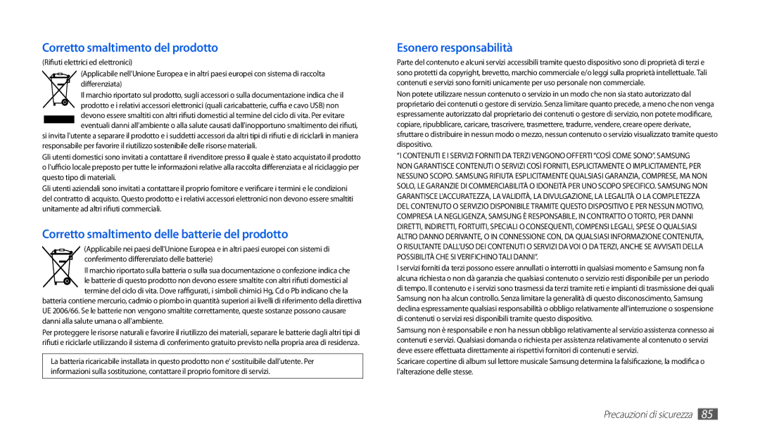 Samsung GT-P1000CWAHUI, GT-P1000MSATIM, GT-P1000CWAFWB, GT-P1000CWDFWB, GT-P1000CWATIM manual Corretto smaltimento del prodotto 