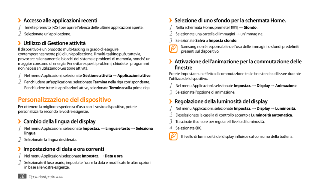 Samsung GT-P1000CWAWIN, GT-P1000MSATIM, GT-P1000CWAFWB, GT-P1000CWDFWB, GT-P1000CWATIM manual Personalizzazione del dispositivo 