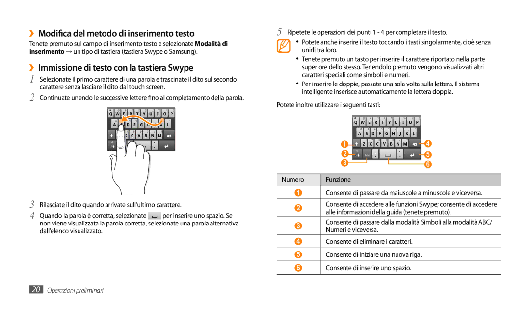 Samsung GT-P1000CWAHUI manual ››Modifica del metodo di inserimento testo, ››Immissione di testo con la tastiera Swype 