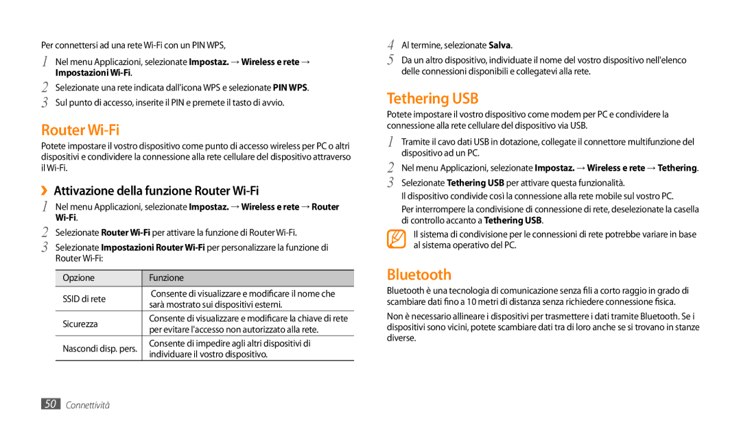 Samsung GT-P1000CWAVOM, GT-P1000MSATIM manual Tethering USB, Bluetooth, ››Attivazione della funzione Router Wi-Fi 