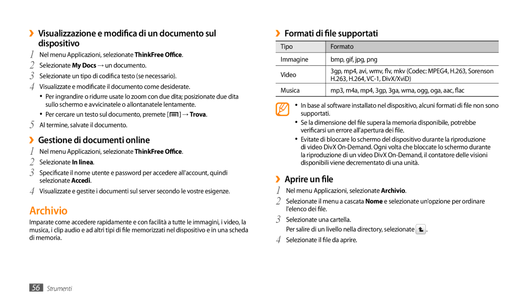 Samsung GT-P1000CWDITV manual Archivio, ››Gestione di documenti online, ››Formati di file supportati, ››Aprire un file 