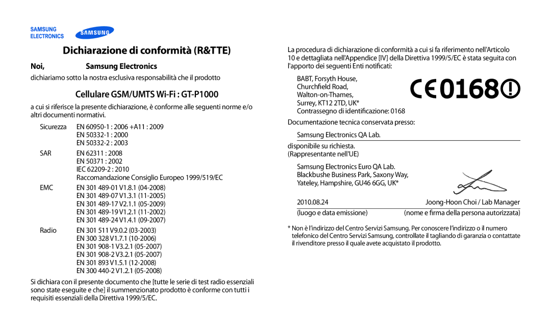 Samsung GT-P1000CWDFWB, GT-P1000MSATIM, GT-P1000CWAFWB Dichiarazione di conformità R&TTE, Cellulare GSM/UMTS Wi-Fi GT-P1000 