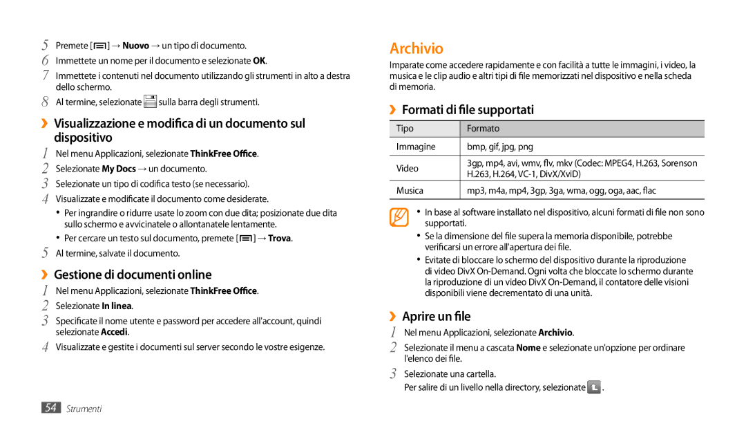 Samsung GT-P1000CWDFWB manual Archivio, ››Gestione di documenti online, ››Formati di file supportati, ››Aprire un file 