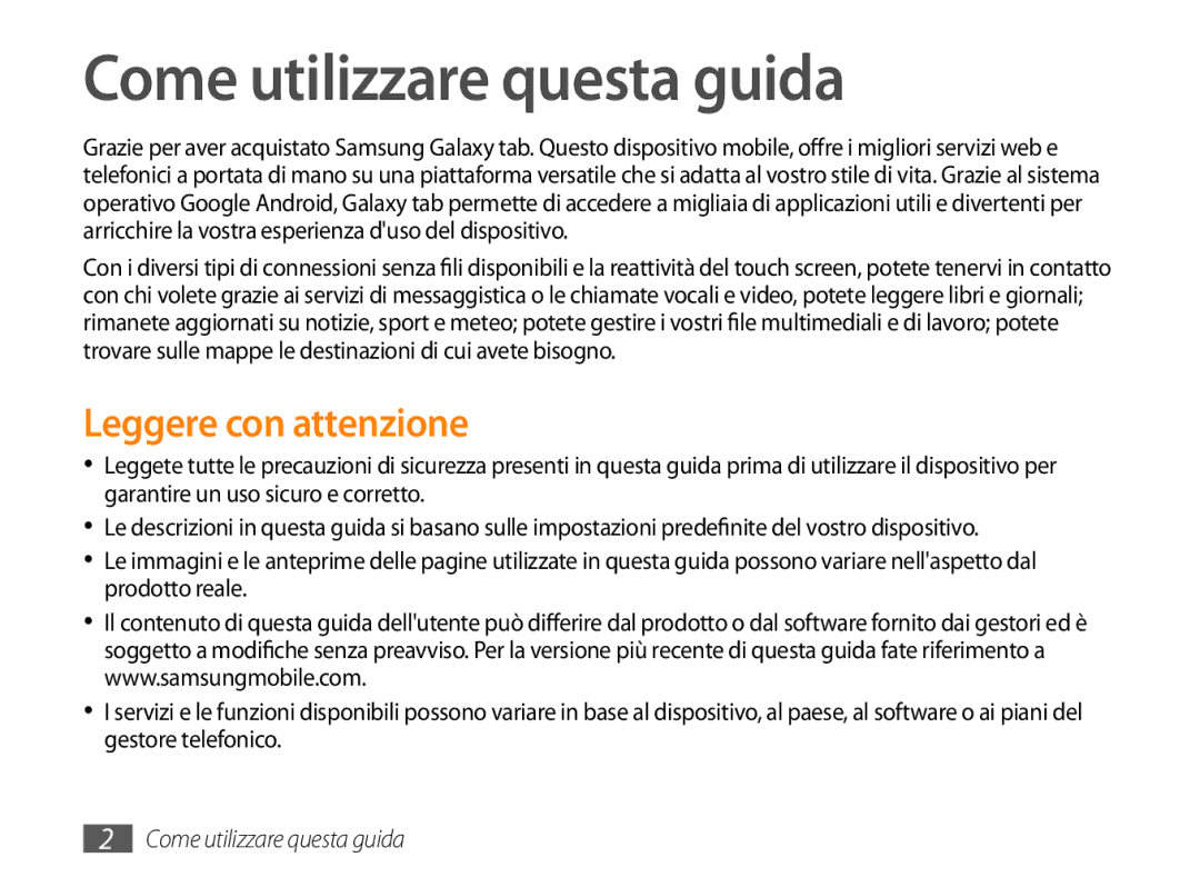 Samsung GT-P1000CWDFWB, GT-P1000MSATIM, GT-P1000CWAFWB, GT-P1000CWATIM Come utilizzare questa guida, Leggere con attenzione 