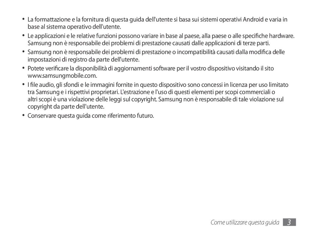 Samsung GT-P1000CWATIM, GT-P1000MSATIM, GT-P1000CWAFWB, GT-P1000CWDFWB manual Conservare questa guida come riferimento futuro 