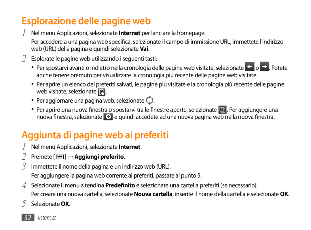 Samsung GT-P1000CWACOS Esplorazione delle pagine web, Aggiunta di pagine web ai preferiti, Premete → Aggiungi preferito 