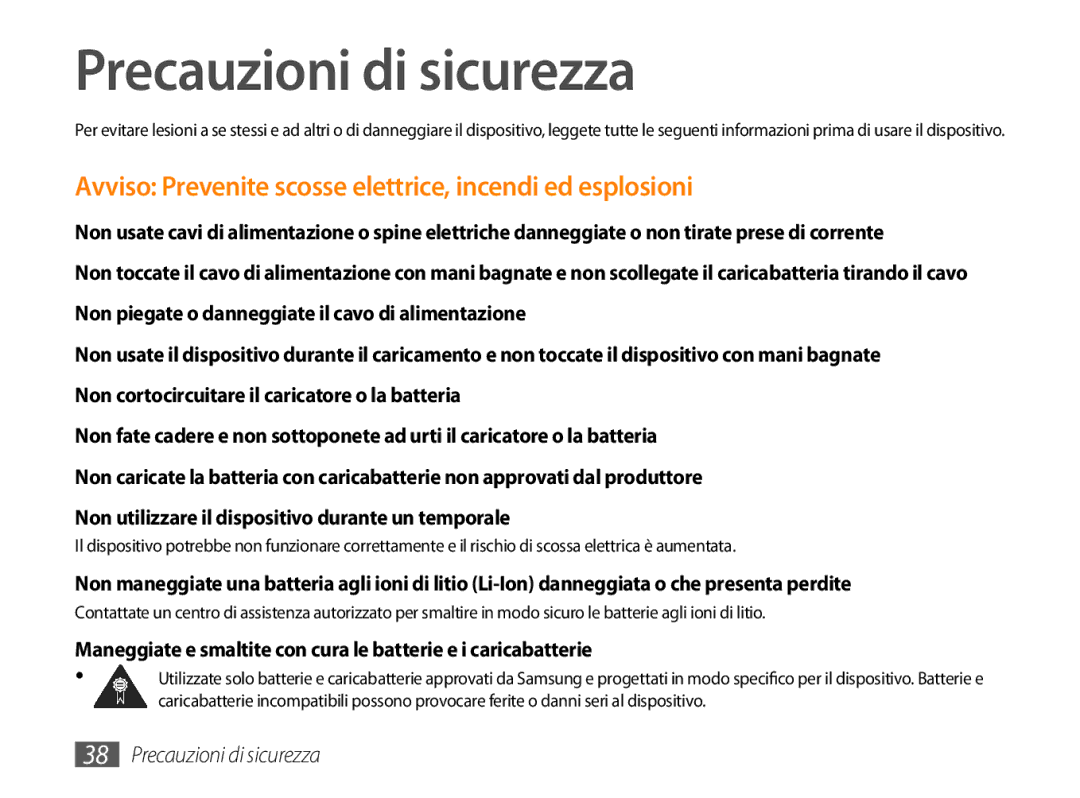 Samsung GT-P1000CWASMO, GT-P1000MSATIM Precauzioni di sicurezza, Avviso Prevenite scosse elettrice, incendi ed esplosioni 