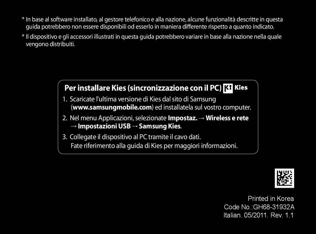 Samsung GT-P1000CWAITV, GT-P1000MSATIM, GT-P1000CWAFWB, GT-P1000CWDFWB manual Per installare Kies sincronizzazione con il PC 