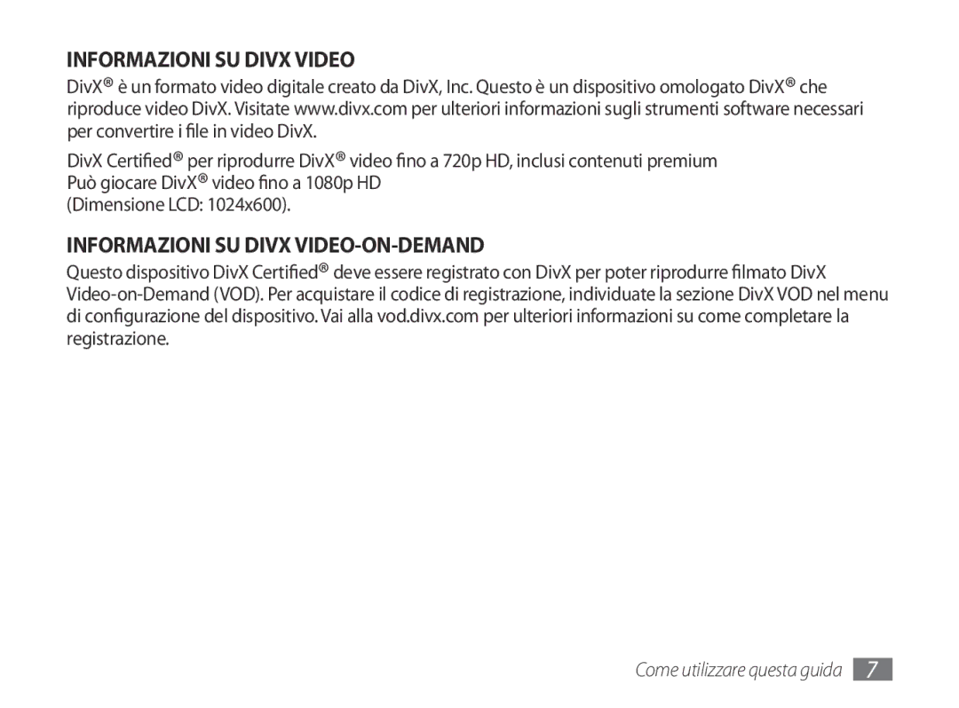 Samsung GT-P1000CWAOMN, GT-P1000MSATIM, GT-P1000CWAFWB, GT-P1000CWDFWB, GT-P1000CWATIM Informazioni SU Divx VIDEO-ON-DEMAND 