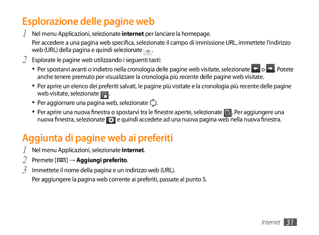 Samsung GT-P1000CWAVOM Esplorazione delle pagine web, Aggiunta di pagine web ai preferiti, Premete → Aggiungi preferito 