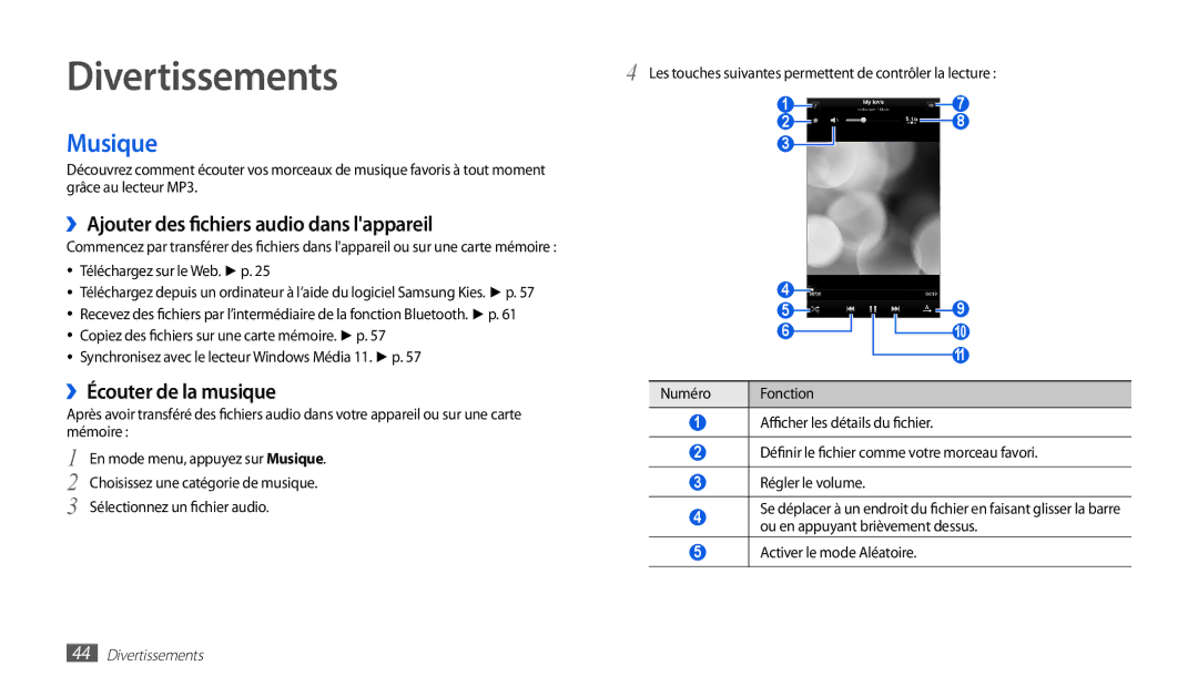 Samsung GT-P1000CWDMTL Divertissements, Musique, ››Ajouter des fichiers audio dans lappareil, ››Écouter de la musique 