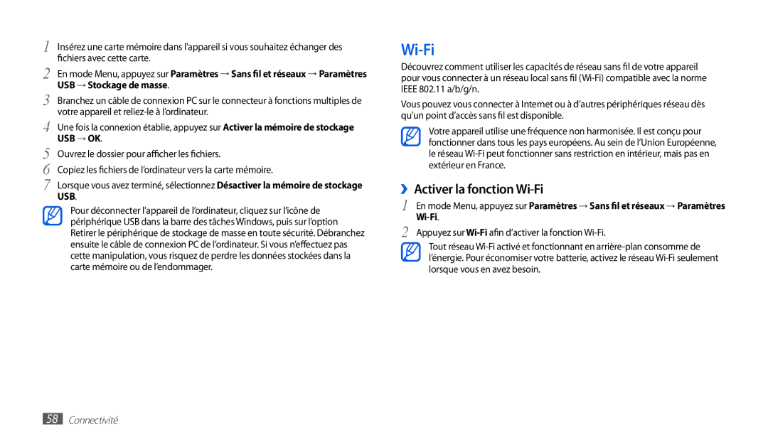 Samsung GT-P1000CWEMTL, GT-P1000MSAXEF, GT-P1000CWAXEO manual ››Activer la fonction Wi-Fi, USB → Stockage de masse 