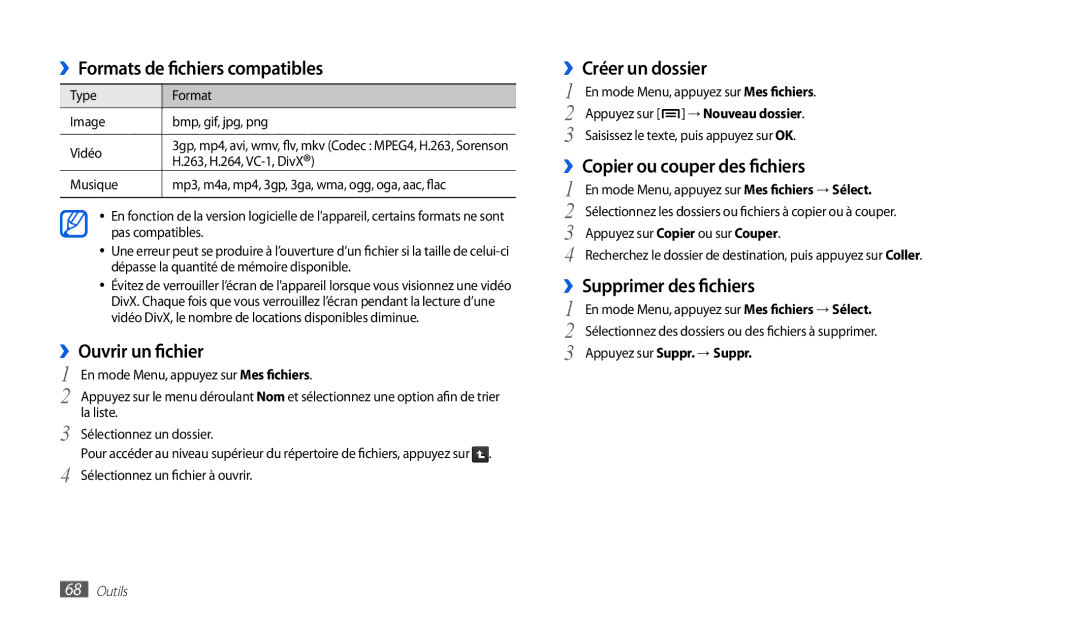 Samsung GT-P1000CWAGBL, GT-P1000MSAXEF manual ››Formats de fichiers compatibles, ››Ouvrir un fichier, ››Créer un dossier 