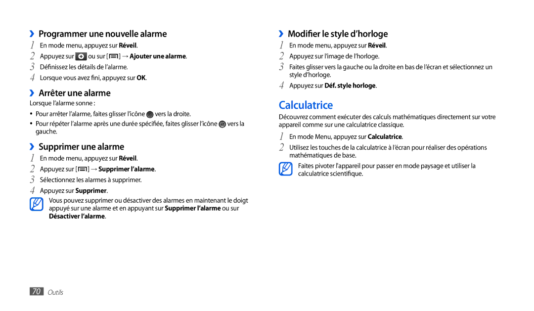 Samsung GT-P1000CWAORO manual Calculatrice, ››Programmer une nouvelle alarme, ››Arrêter une alarme, ››Supprimer une alarme 