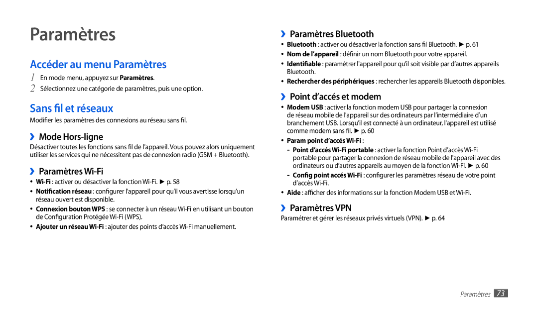 Samsung GT-P1000CWAXEO, GT-P1000MSAXEF, GT-P1000CWDGBL, GT-P1000MSEMTL Accéder au menu Paramètres, Sans fil et réseaux 