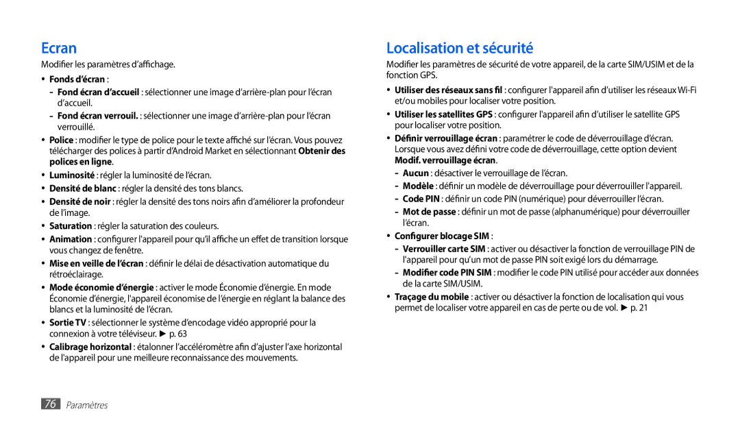 Samsung GT-P1000CWEMTL, GT-P1000MSAXEF manual Ecran, Localisation et sécurité, Fonds d’écran, Configurer blocage SIM 