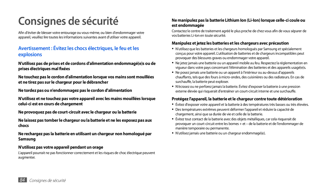 Samsung GT-P1000MSEMTL, GT-P1000MSAXEF, GT-P1000CWAXEO, GT-P1000CWDGBL, GT-P1000CWEMTL, GT-P1000CWAGBL Consignes de sécurité 