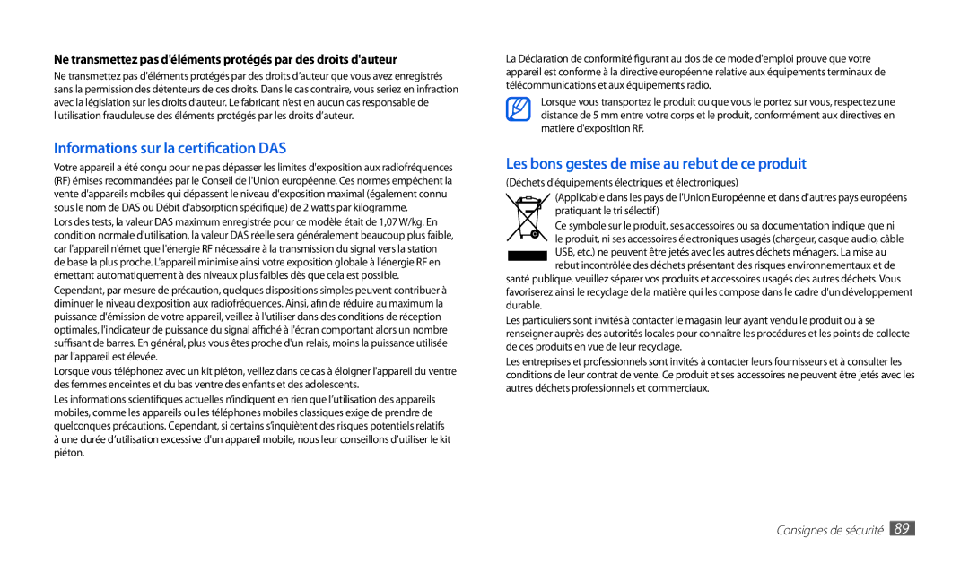 Samsung GT-P1000CWDMTL, GT-P1000MSAXEF, GT-P1000CWAXEO, GT-P1000CWDGBL, GT-P1000MSEMTL Informations sur la certification DAS 