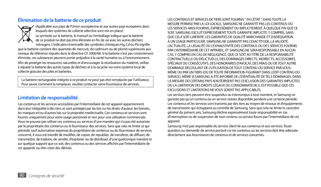 Samsung GT-P1000MSAXEF, GT-P1000CWAXEO, GT-P1000CWDGBL, GT-P1000MSEMTL manual Élimination de la batterie de ce produit 