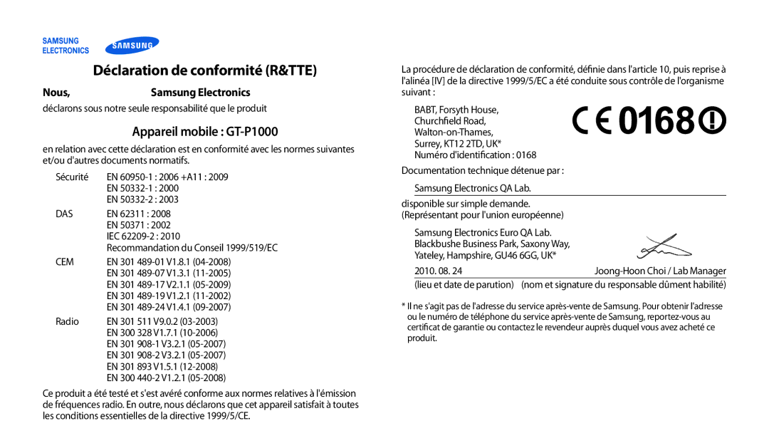 Samsung GT-P1000CWAGBL, GT-P1000MSAXEF Déclaration de conformité R&TTE, Appareil mobile GT-P1000, Nous Samsung Electronics 