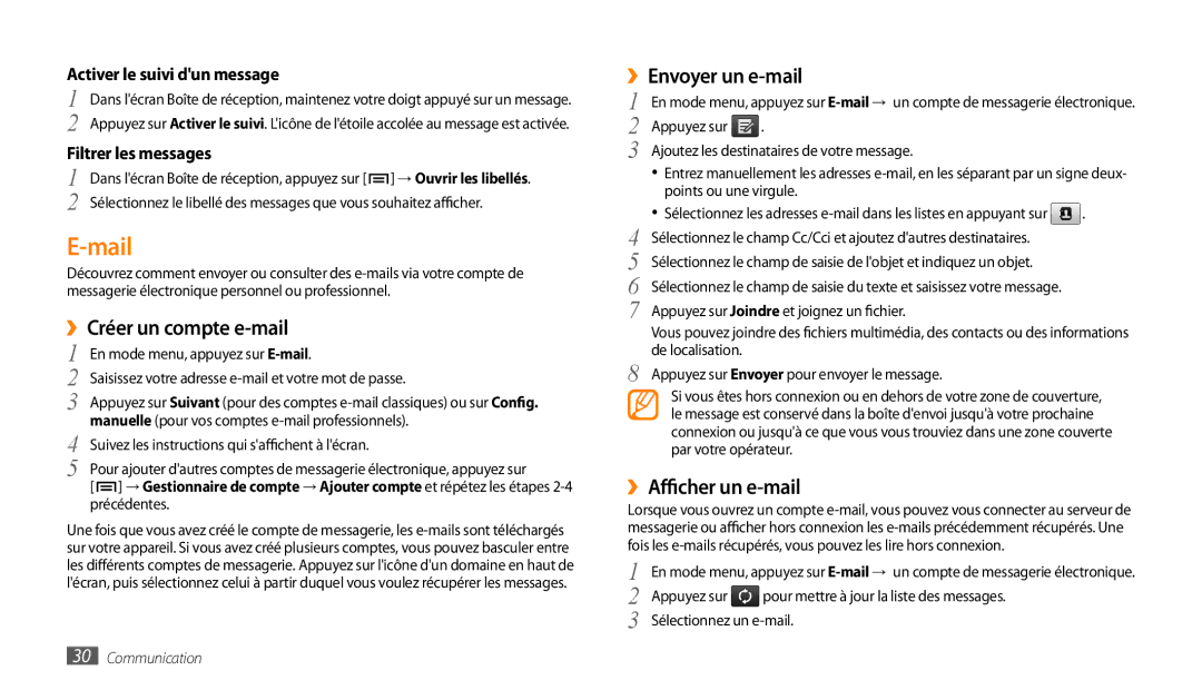 Samsung GT-P1000MSEMTL, GT-P1000MSAXEF Mail, ››Créer un compte e-mail, Activer le suivi dun message, Filtrer les messages 