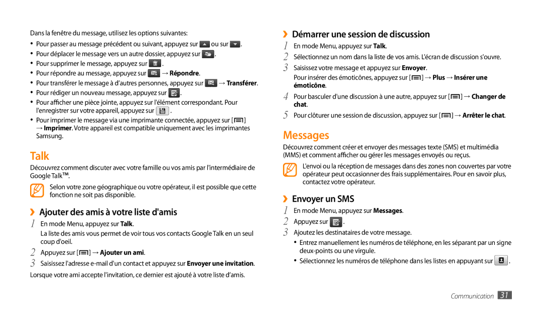 Samsung GT-P1000CWEMTL manual Talk, Messages, ››Ajouter des amis à votre liste damis, ››Démarrer une session de discussion 