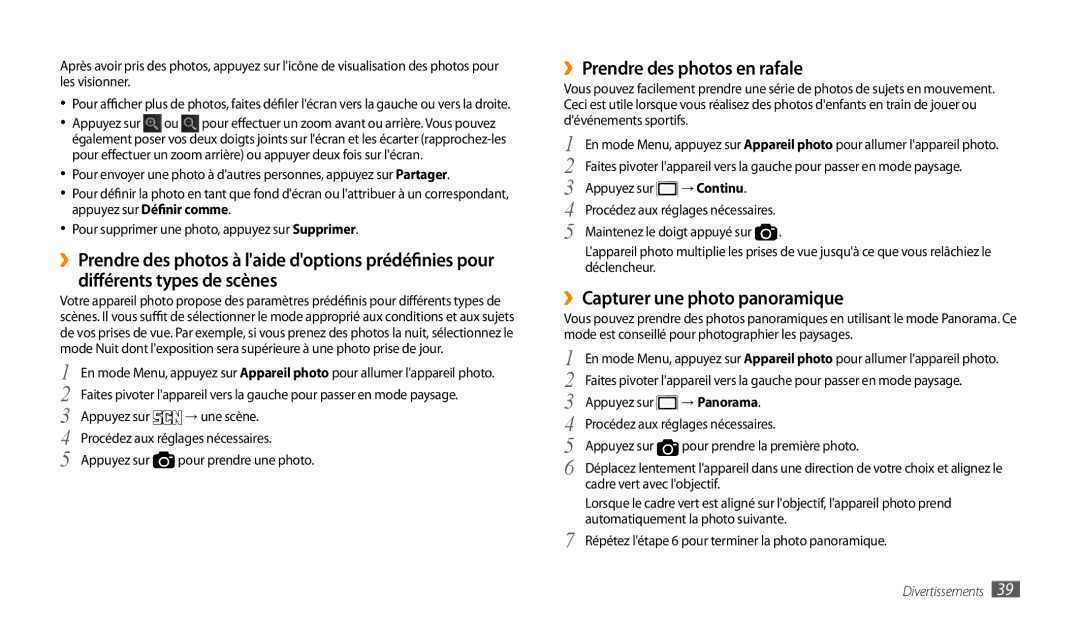 Samsung GT-P1000MSEMTL manual ››Prendre des photos en rafale, ››Capturer une photo panoramique, → Continu, → Panorama 