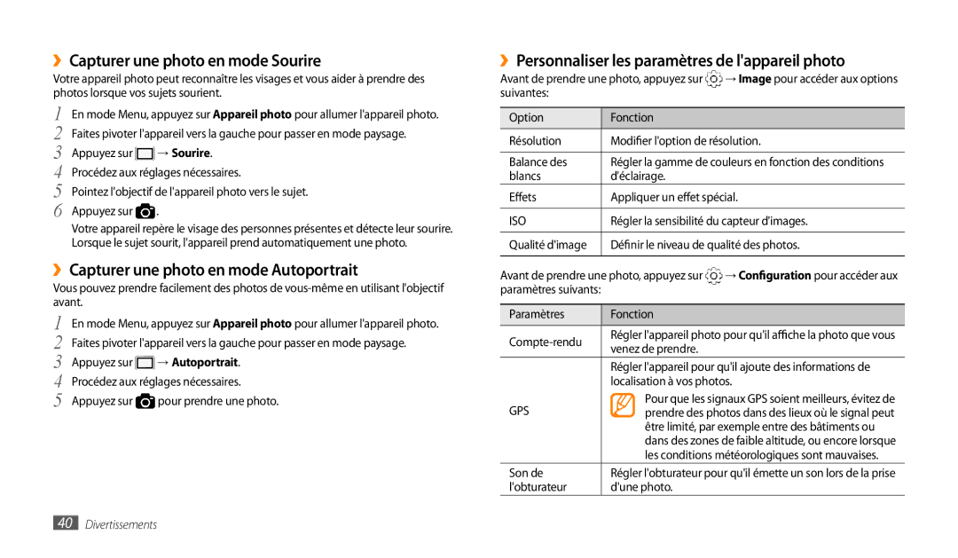 Samsung GT-P1000CWEMTL manual ››Capturer une photo en mode Sourire, ››Capturer une photo en mode Autoportrait, → Sourire 