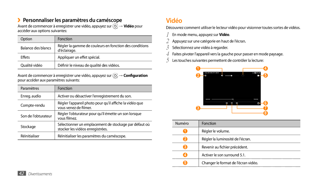 Samsung GT-P1000CWAMTL, GT-P1000MSAXEF, GT-P1000CWAXEO manual ››Personnaliser les paramètres du caméscope, → Vidéo pour 