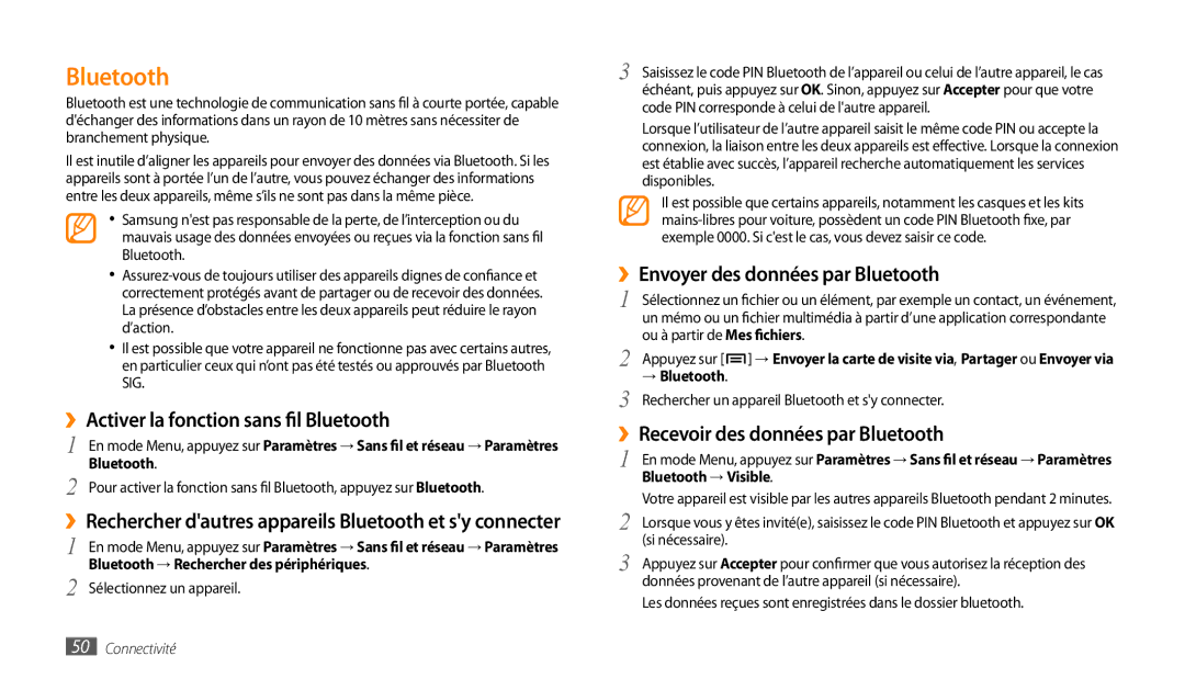 Samsung GT-P1000CWAGBL, GT-P1000MSAXEF ››Activer la fonction sans fil Bluetooth, ››Envoyer des données par Bluetooth 