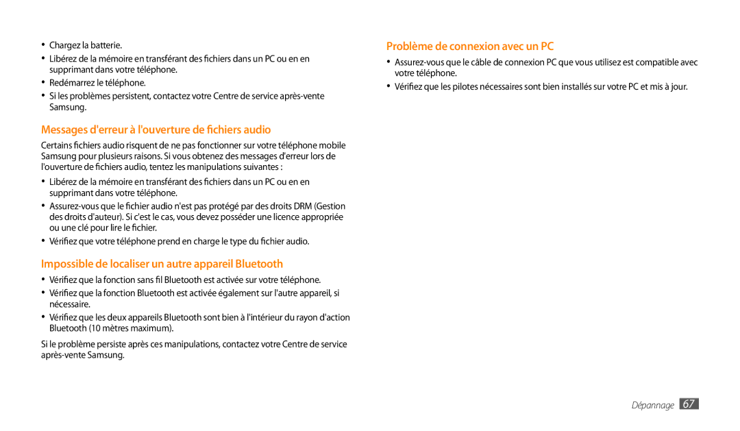 Samsung GT-P1000CWEMTL, GT-P1000MSAXEF, GT-P1000CWAXEO, GT-P1000CWDGBL manual Messages derreur à louverture de fichiers audio 