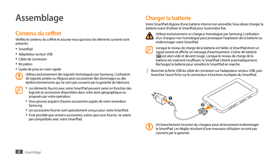 Samsung GT-P1000CWDMTL, GT-P1000MSAXEF, GT-P1000CWAXEO, GT-P1000CWDGBL Assemblage, Contenu du coffret, Charger la batterie 