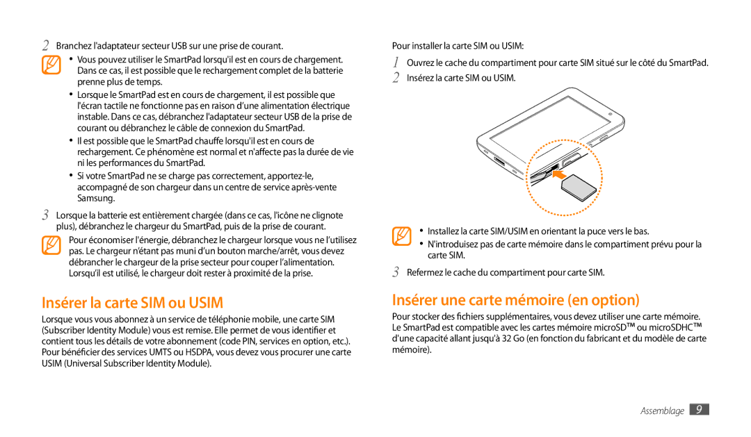 Samsung GT-P1000MSAXEF, GT-P1000CWAXEO, GT-P1000CWDGBL Insérer la carte SIM ou Usim, Insérer une carte mémoire en option 