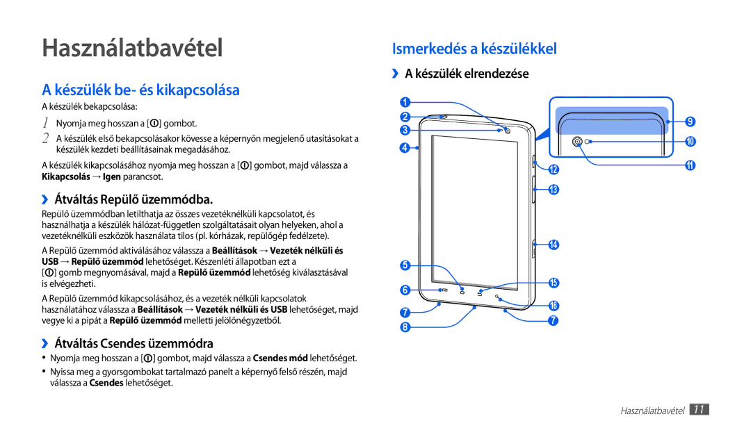 Samsung GT-P1010CWAITV, GT-P1010CWAATO manual Használatbavétel, Készülék be- és kikapcsolása, ››Átváltás Repülő üzemmódba 