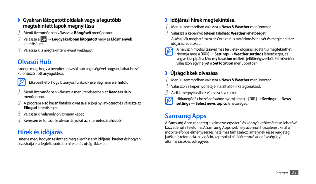 Samsung GT-P1010CWAATO, GT-P1010CWAITV manual Olvasói Hub, Hírek és időjárás, Samsung Apps, ››Időjárási hírek megtekintése 