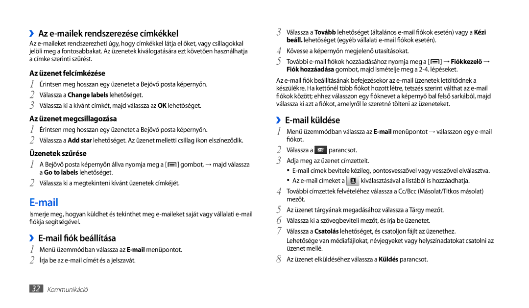 Samsung GT-P1010CWAROM, GT-P1010CWAATO manual Mail, ››Az e-mailek rendszerezése címkékkel, ››E-mail fiók beállítása 