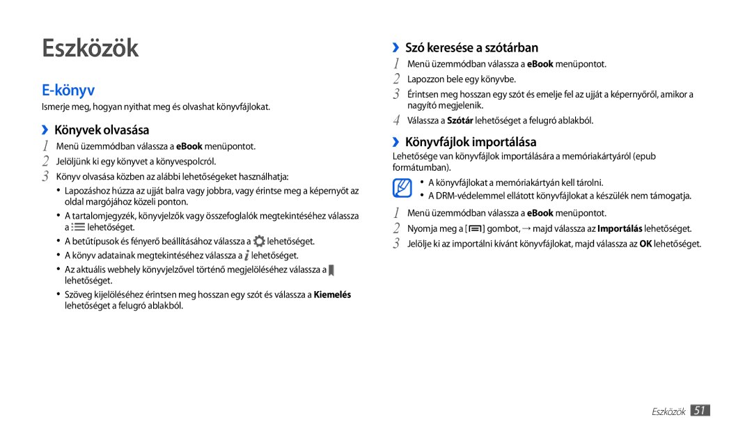 Samsung GT-P1010CWAITV manual Eszközök, ››Könyvek olvasása, ››Szó keresése a szótárban, ››Könyvfájlok importálása 