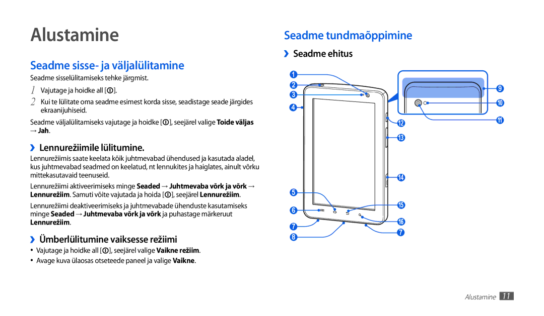 Samsung GT-P1010CWABAL manual Alustamine, Seadme sisse- ja väljalülitamine, ››Lennurežiimile lülitumine 