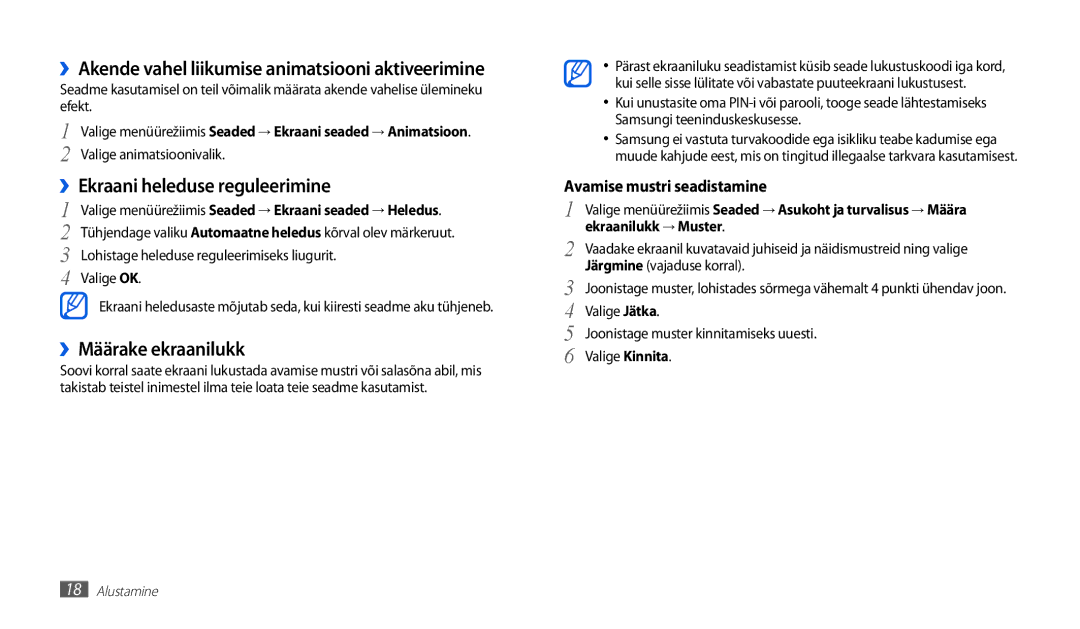 Samsung GT-P1010CWABAL manual ››Ekraani heleduse reguleerimine, ››Määrake ekraanilukk 