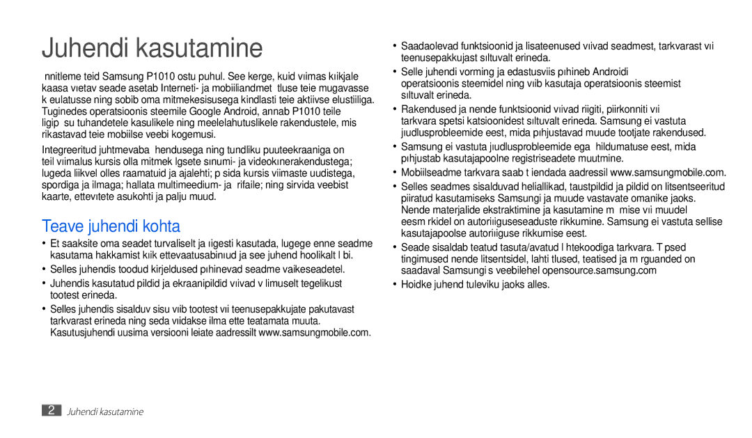 Samsung GT-P1010CWABAL manual Juhendi kasutamine, Teave juhendi kohta, Hoidke juhend tuleviku jaoks alles 