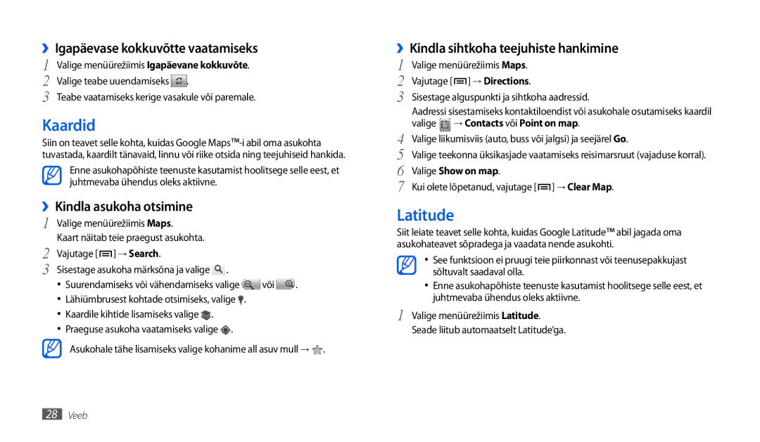 Samsung GT-P1010CWABAL manual Kaardid, Latitude, ››Igapäevase kokkuvõtte vaatamiseks, ››Kindla asukoha otsimine 