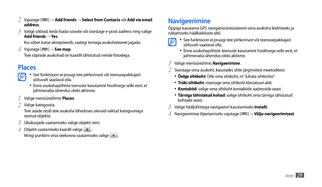 Samsung GT-P1010CWABAL manual Places, Navigeerimine, Address, Add friends → Yes, → See map 