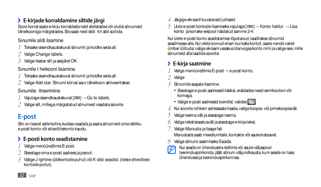 Samsung GT-P1010CWABAL manual Post, ››E-kirjade korraldamine siltide järgi, ››E-posti konto seadistamine 