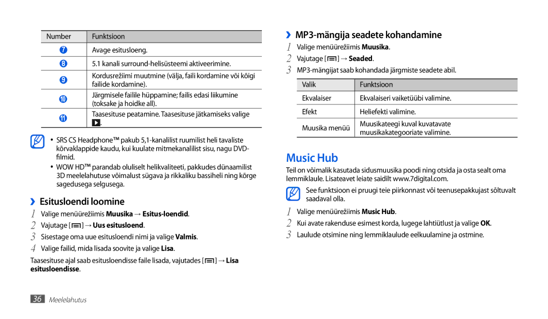 Samsung GT-P1010CWABAL Music Hub, ››Esitusloendi loomine, ››MP3-mängija seadete kohandamine, Vajutage → Uus esitusloend 