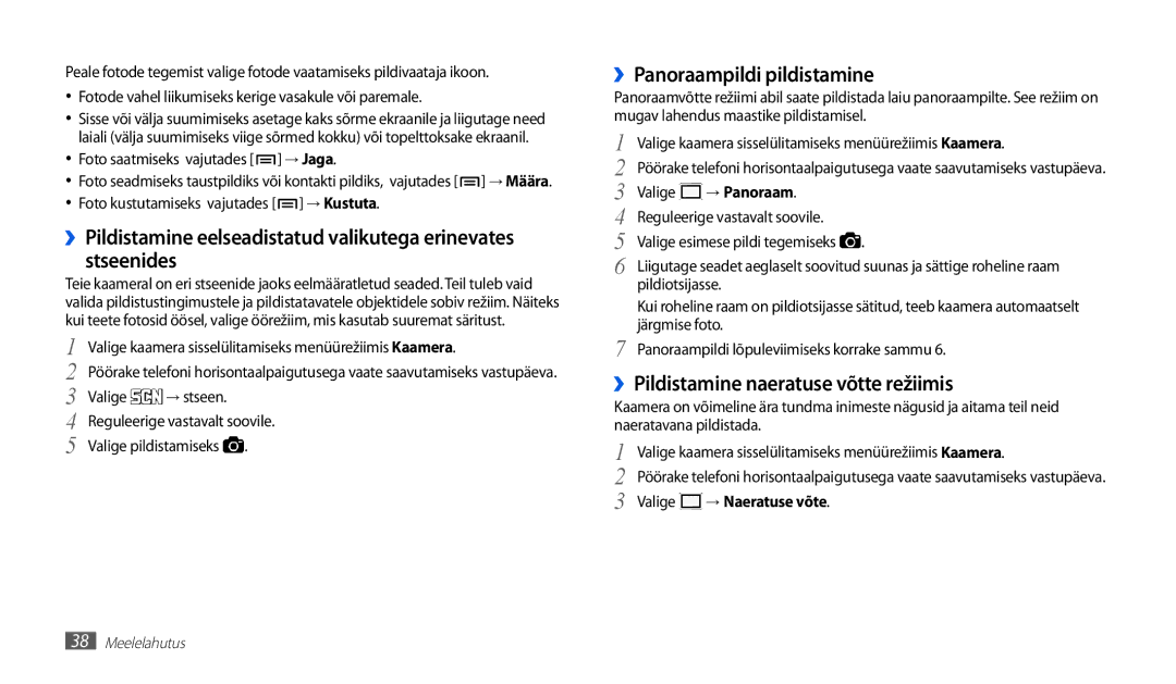 Samsung GT-P1010CWABAL manual ››Panoraampildi pildistamine, ››Pildistamine naeratuse võtte režiimis 